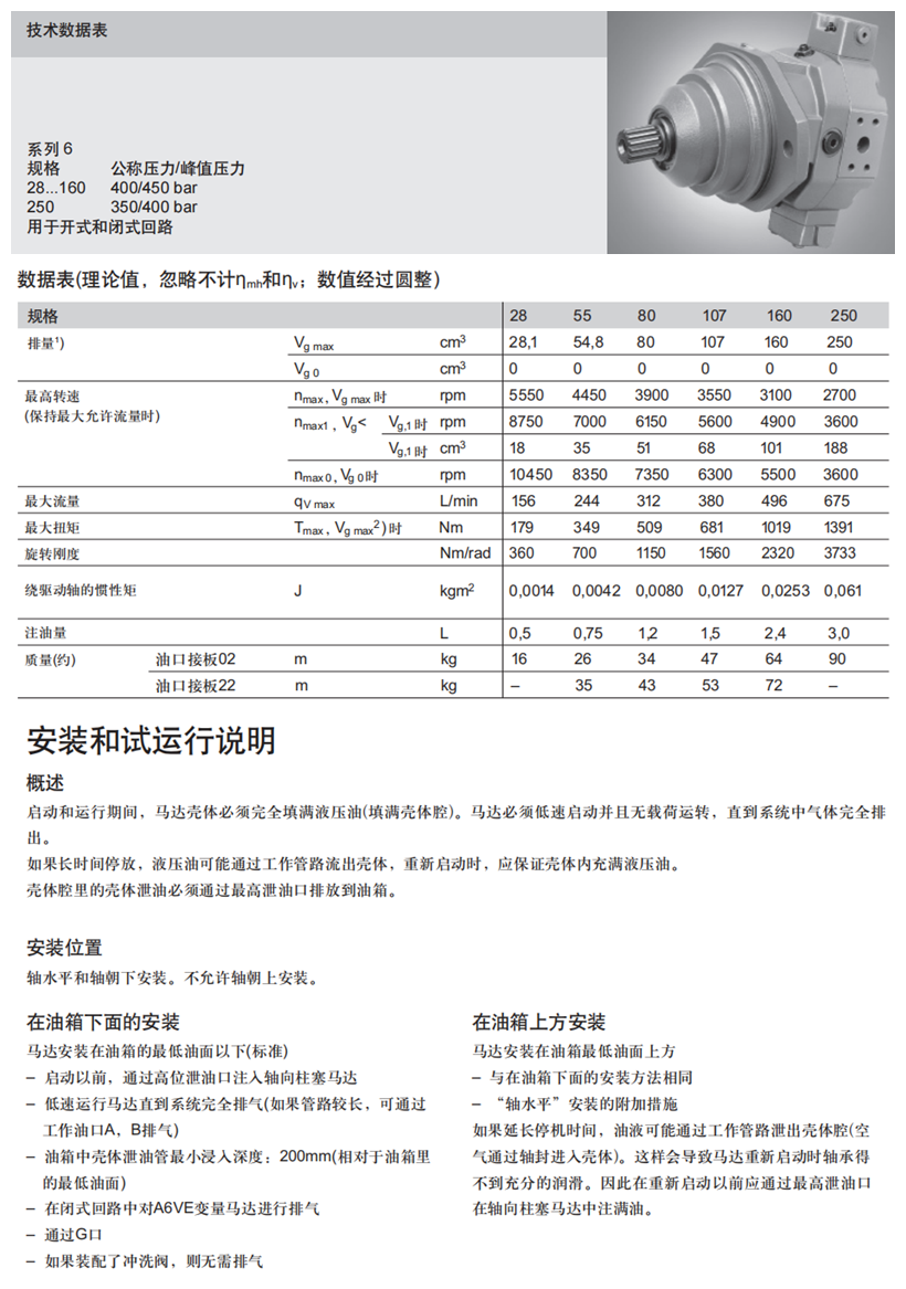 力士樂A6VE馬達技術參數